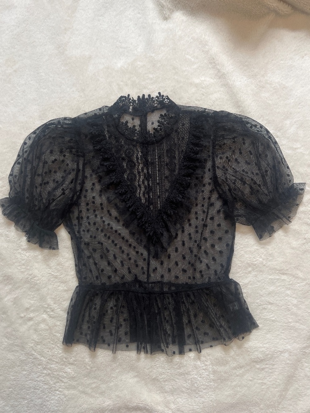 Blashe Women’s black lace puffy short sleeve collar neck flare see through blous